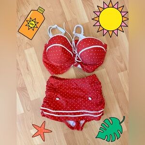 High Rise Two Piece Unique Vintage Red Pin Dot Lace Up Swim Suit M/40DD